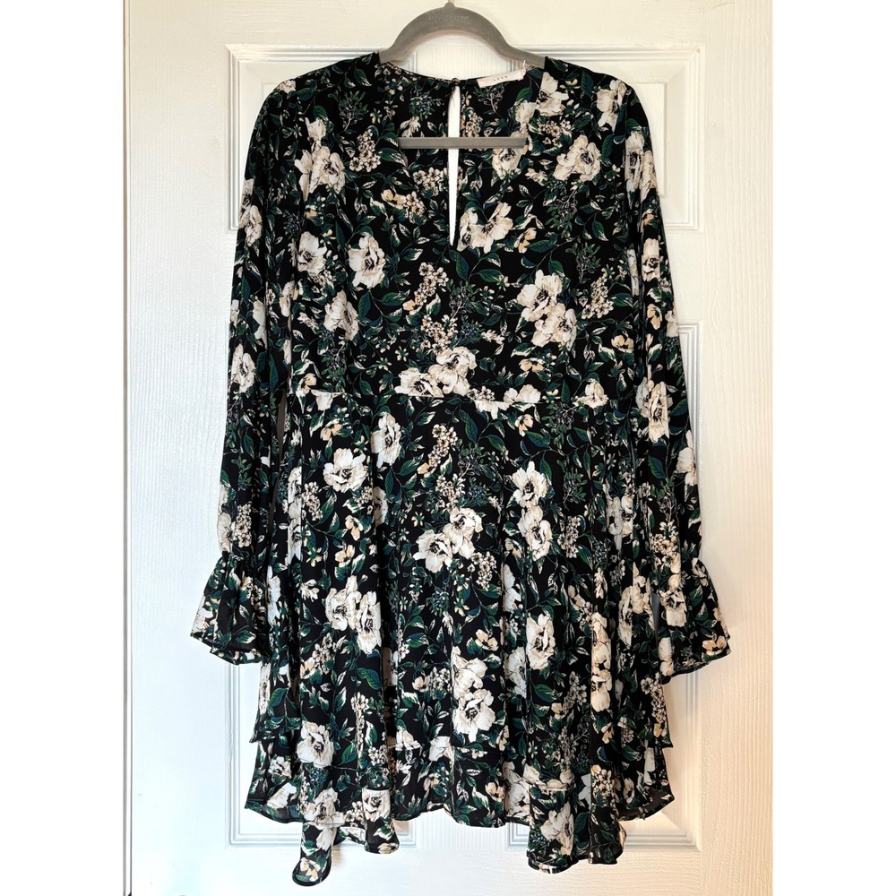 Lush Floral Long Sleeve Mini Dress Black Cream Green V-Neck Bell Sleeve M